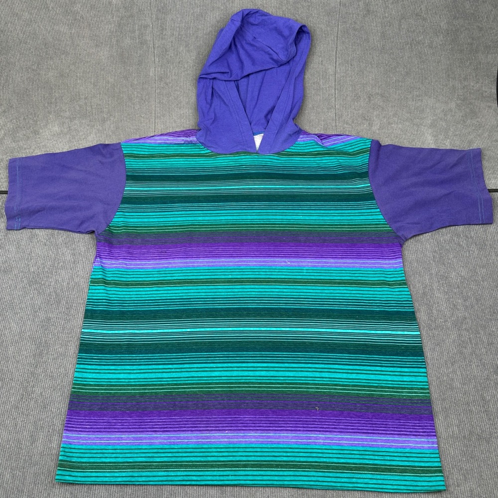Vintage Y2K Style Striped Short Sleeve Hooded Surf Shirt Purple Teal‎ Green XL